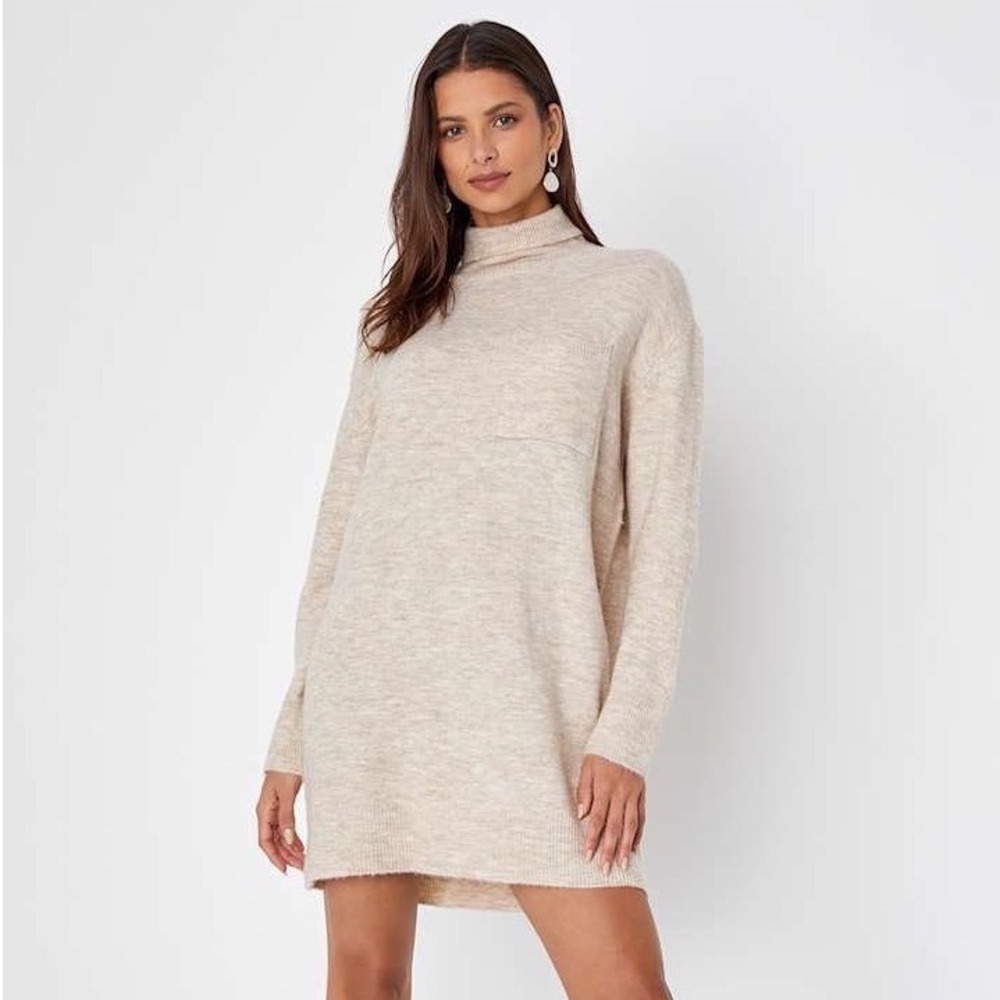 NWT Lulus Soft Knit Turtleneck Mini‎ Sweater Dress Heather Beige Sz L Cozy Light